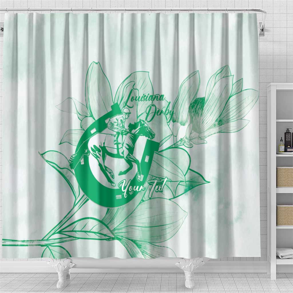 Personalized Louisiana Horse Racing Derby Shower Curtain Magnolia Blossom Horseshoe Pastel Green