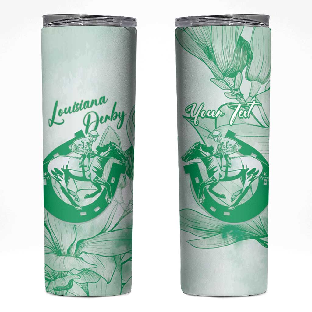 Personalized Louisiana Horse Racing Derby Skinny Tumbler Magnolia Blossom Horseshoe Pastel Green