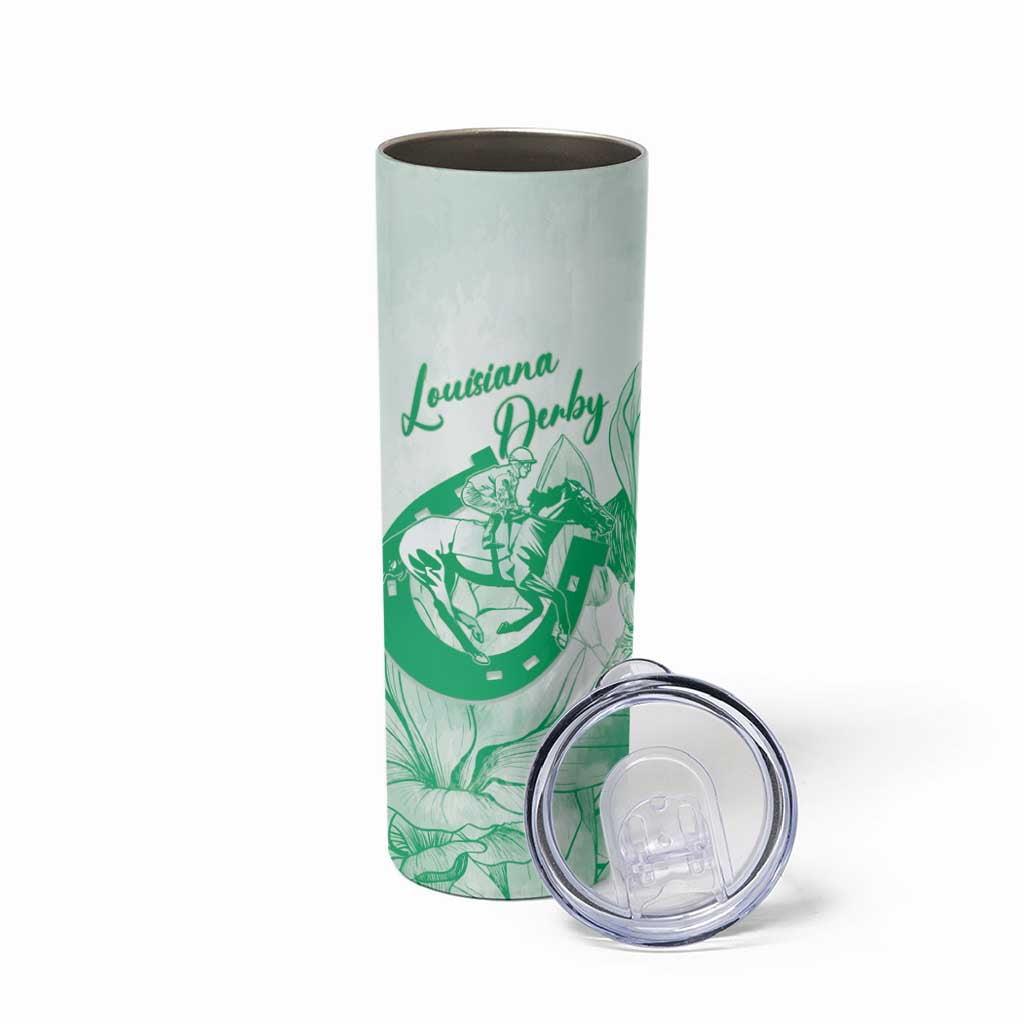 Personalized Louisiana Horse Racing Derby Skinny Tumbler Magnolia Blossom Horseshoe Pastel Green
