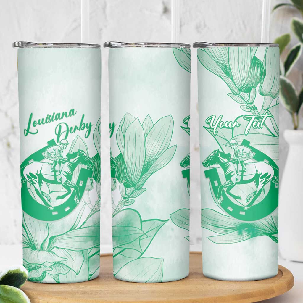 Personalized Louisiana Horse Racing Derby Skinny Tumbler Magnolia Blossom Horseshoe Pastel Green