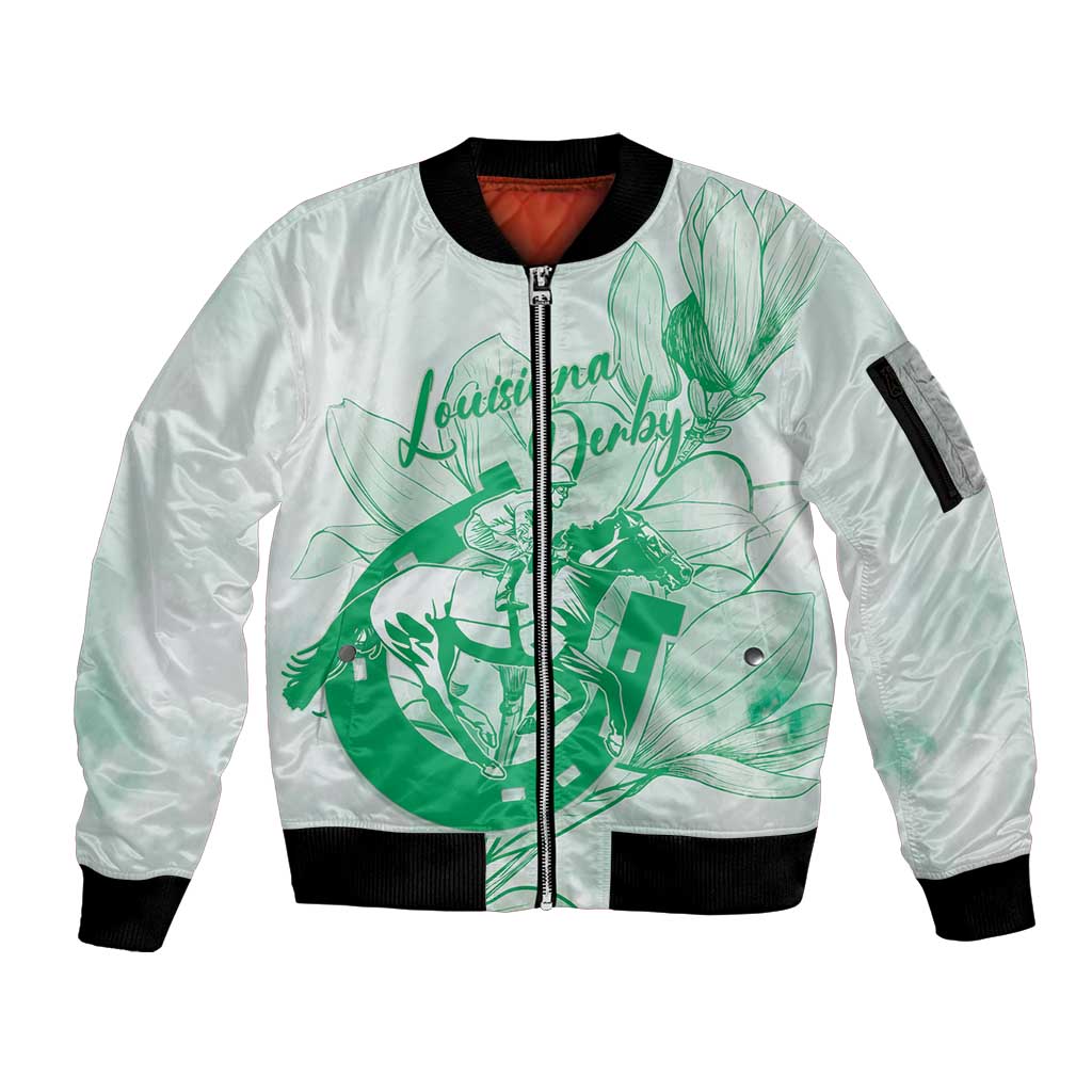 Personalized Louisiana Horse Racing Derby Sleeve Zip Bomber Jacket Magnolia Blossom Horseshoe Pastel Green