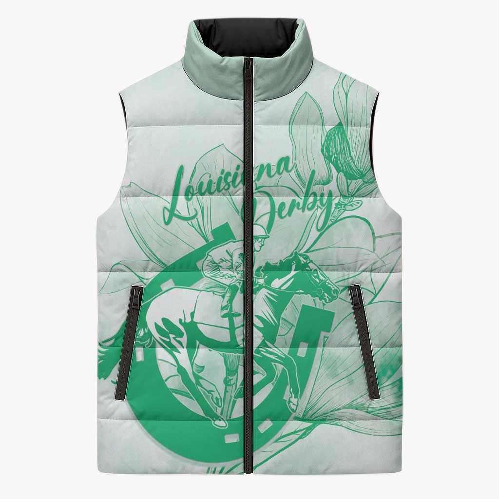 Personalized Louisiana Horse Racing Derby Sleeveless Puffer Jacket Magnolia Blossom Horseshoe Pastel Green