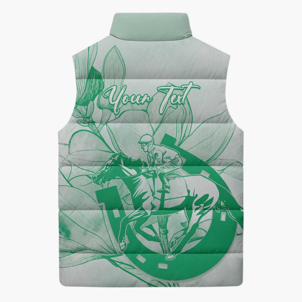 Personalized Louisiana Horse Racing Derby Sleeveless Puffer Jacket Magnolia Blossom Horseshoe Pastel Green