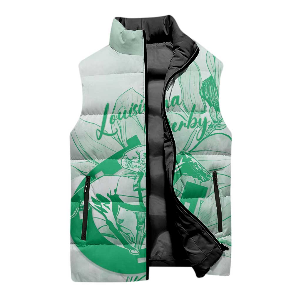 Personalized Louisiana Horse Racing Derby Sleeveless Puffer Jacket Magnolia Blossom Horseshoe Pastel Green