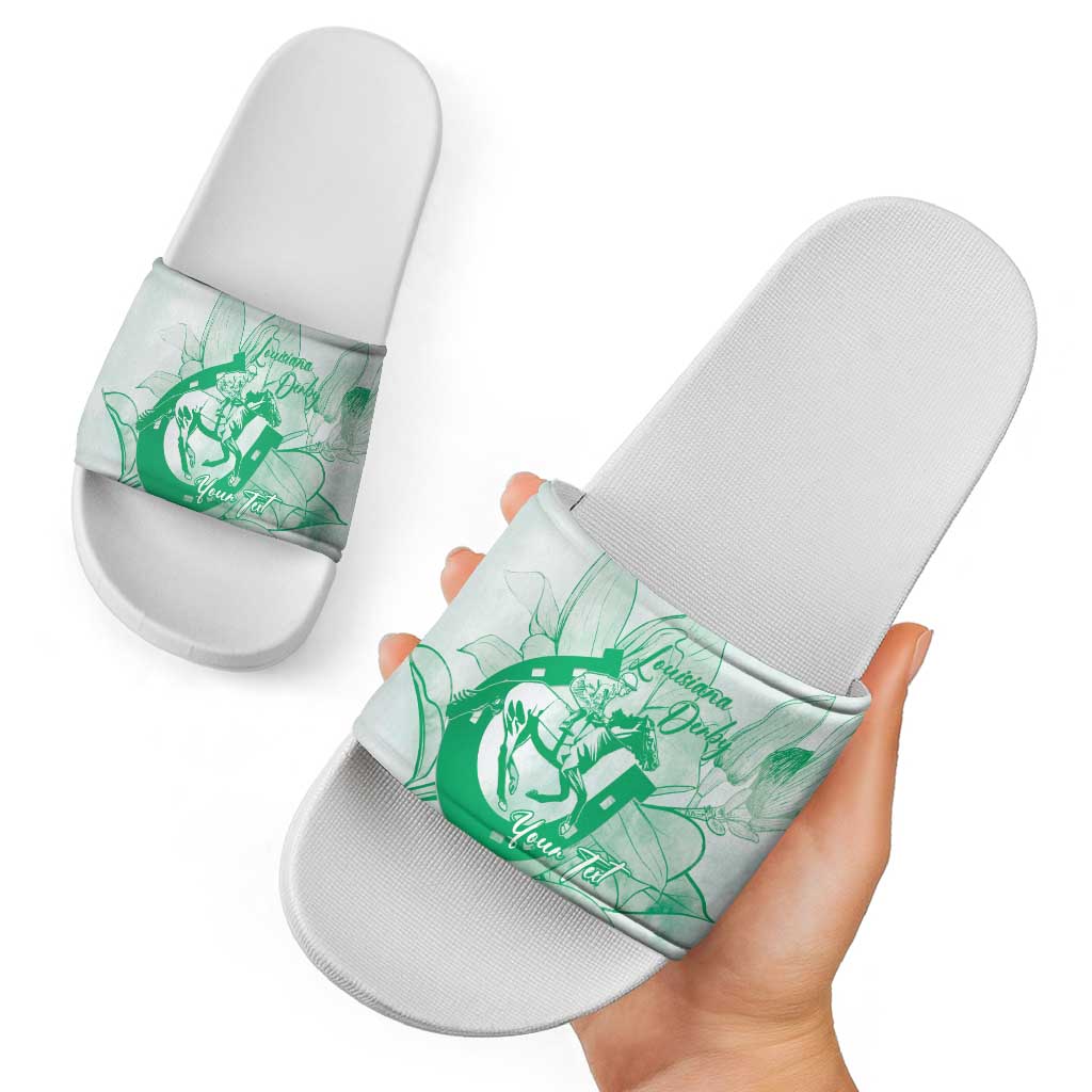 Personalized Louisiana Horse Racing Derby Slide Sandals Magnolia Blossom Horseshoe Pastel Green