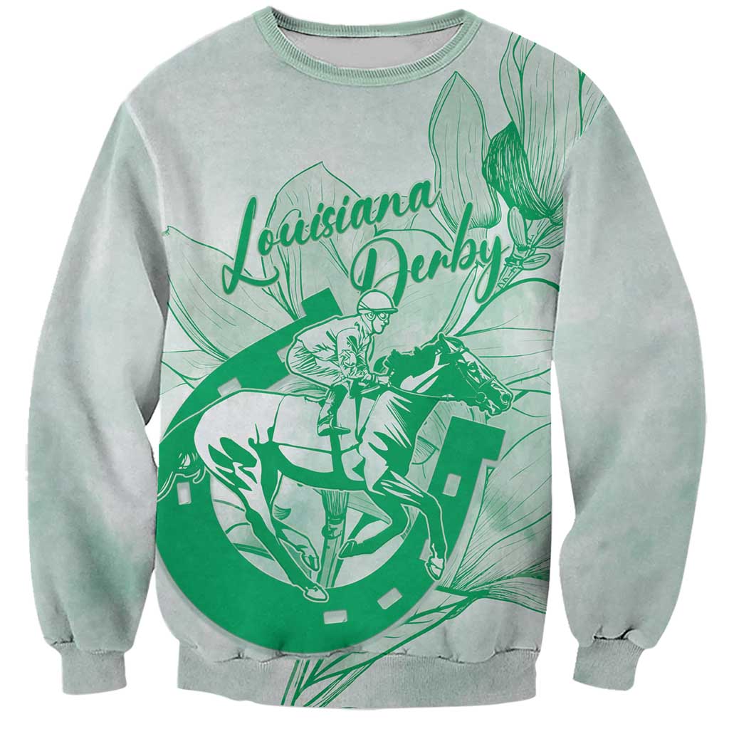 Personalized Louisiana Horse Racing Derby Sweatshirt Magnolia Blossom Horseshoe Pastel Green