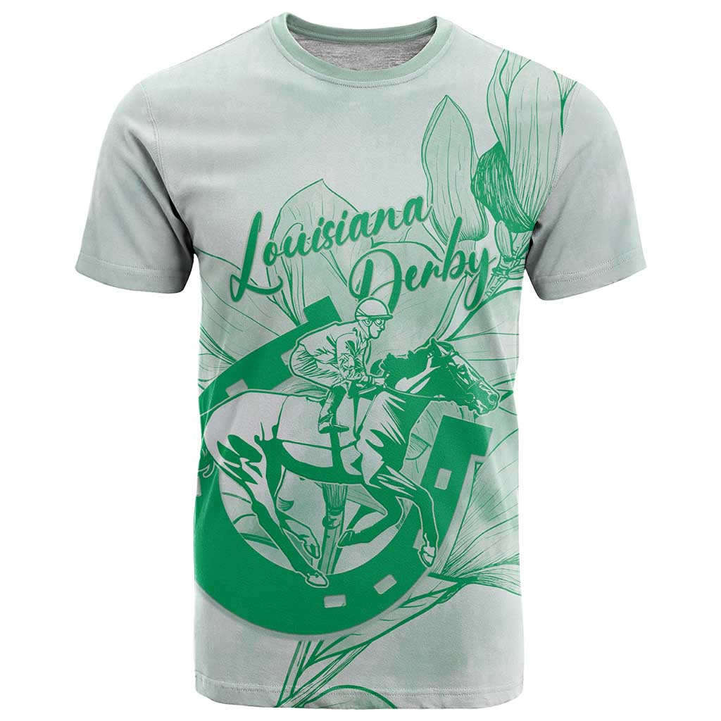 Personalized Louisiana Horse Racing Derby T Shirt Magnolia Blossom Horseshoe Pastel Green