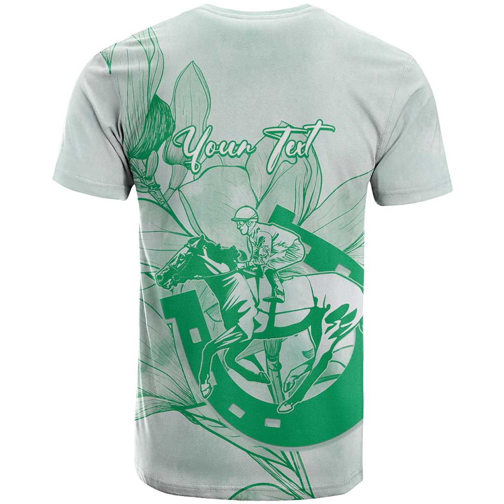 Personalized Louisiana Horse Racing Derby T Shirt Magnolia Blossom Horseshoe Pastel Green