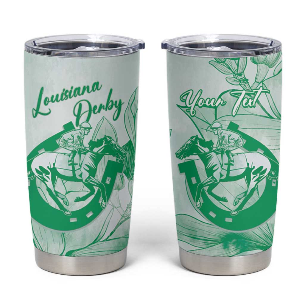 Personalized Louisiana Horse Racing Derby Tumbler Cup Magnolia Blossom Horseshoe Pastel Green