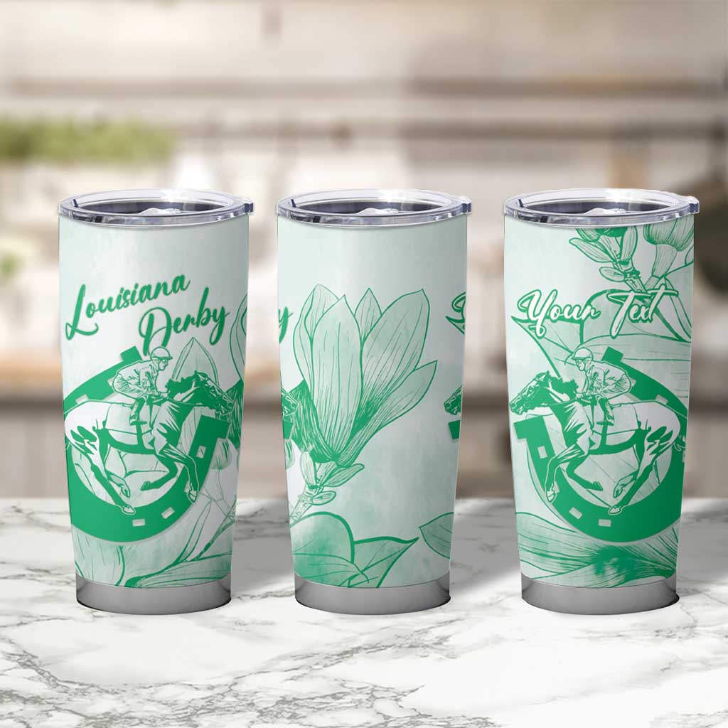 Personalized Louisiana Horse Racing Derby Tumbler Cup Magnolia Blossom Horseshoe Pastel Green