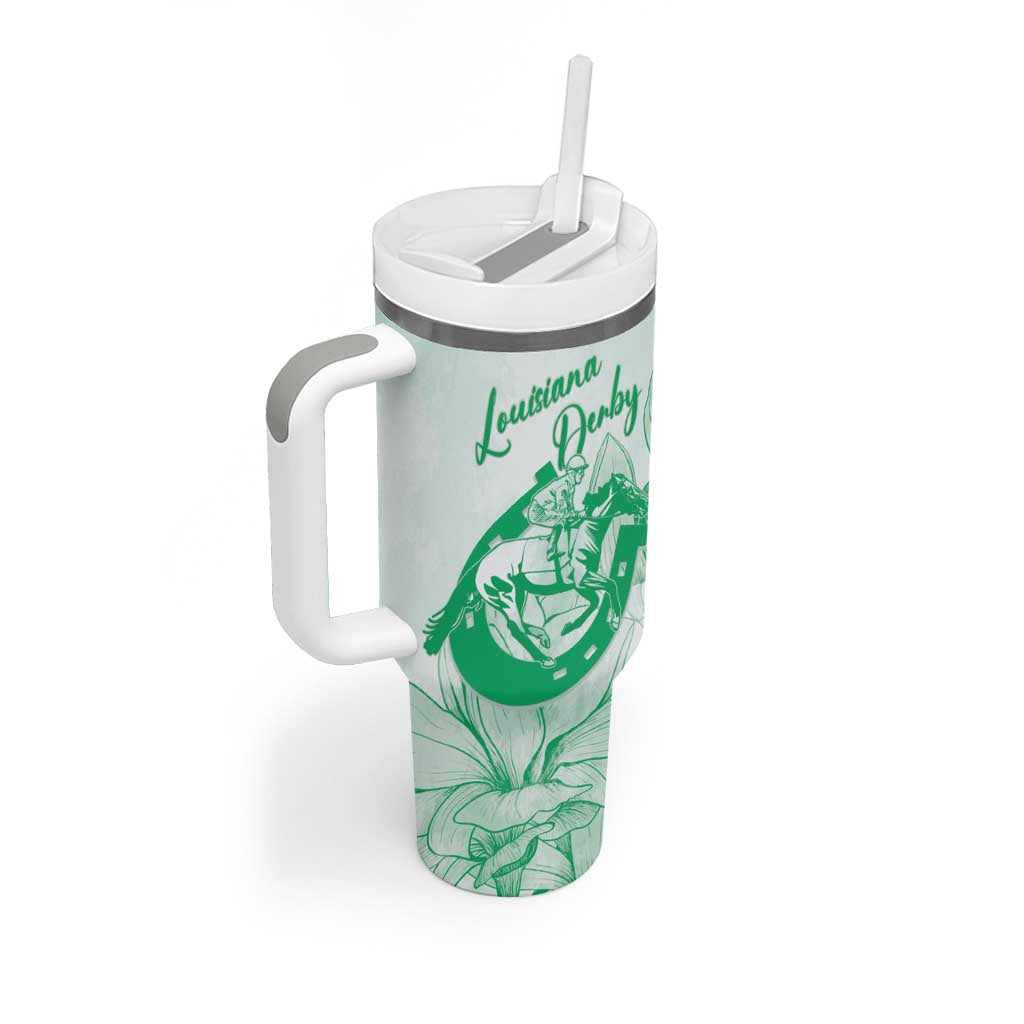 Personalized Louisiana Horse Racing Derby Tumbler With Handle Magnolia Blossom Horseshoe Pastel Green