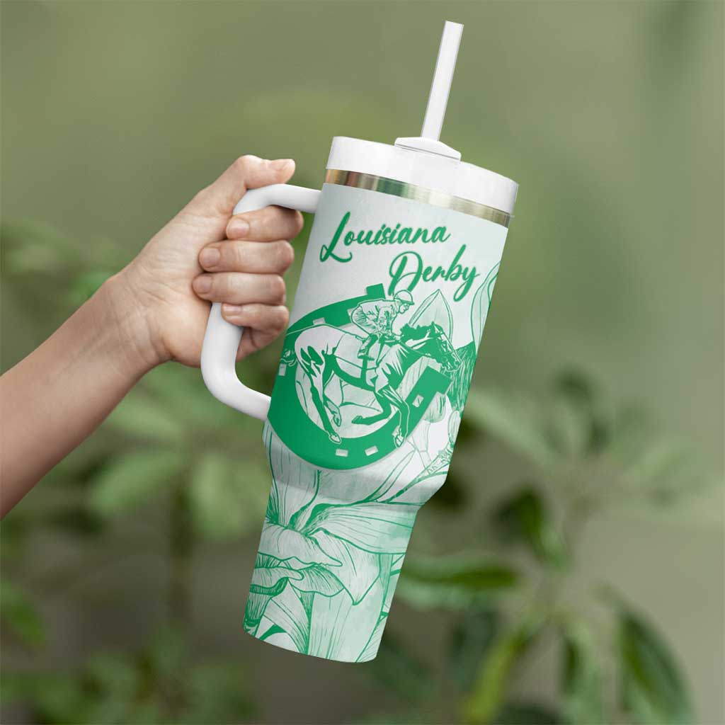 Personalized Louisiana Horse Racing Derby Tumbler With Handle Magnolia Blossom Horseshoe Pastel Green