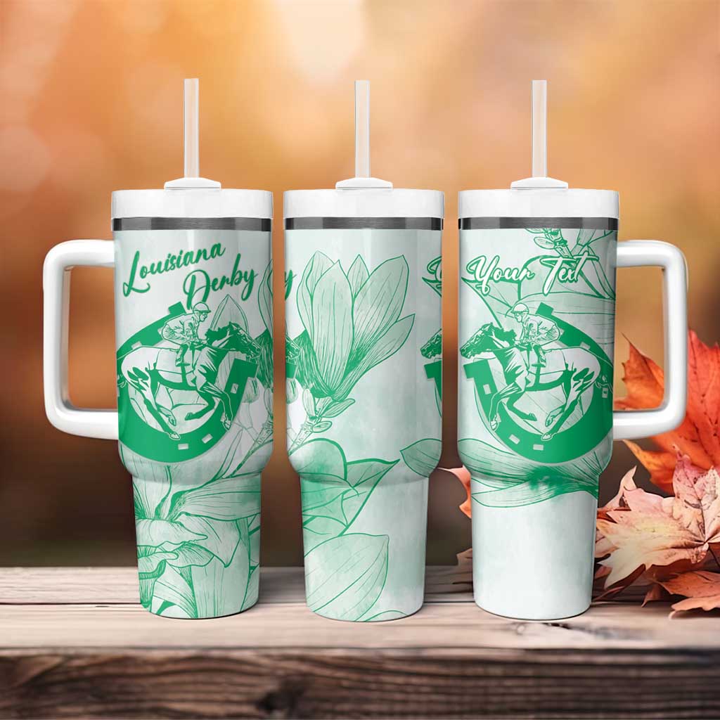 Personalized Louisiana Horse Racing Derby Tumbler With Handle Magnolia Blossom Horseshoe Pastel Green