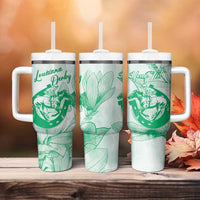 Personalized Louisiana Horse Racing Derby Tumbler With Handle Magnolia Blossom Horseshoe Pastel Green