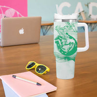 Personalized Louisiana Horse Racing Derby Tumbler With Handle Magnolia Blossom Horseshoe Pastel Green