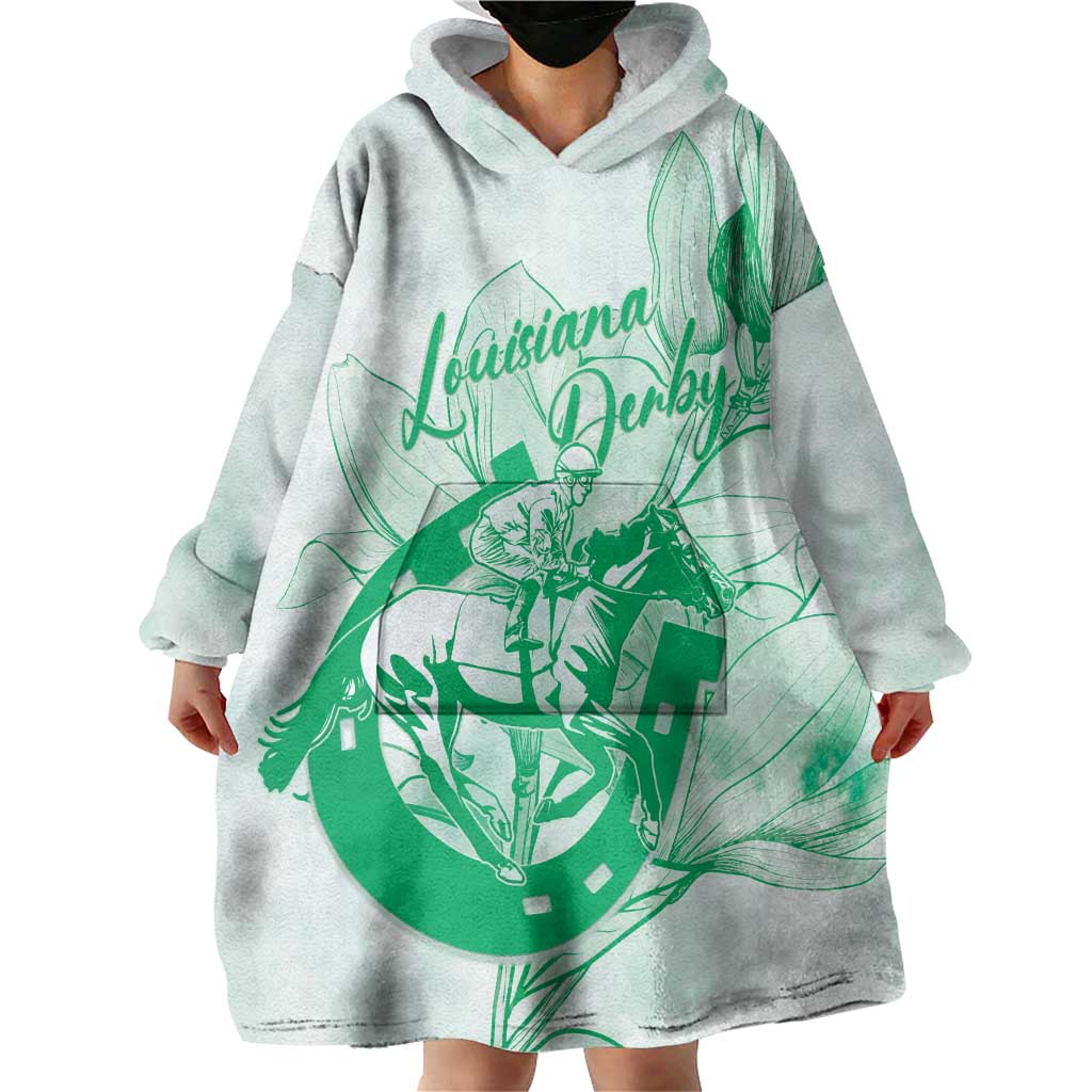 Personalized Louisiana Horse Racing Derby Wearable Blanket Hoodie Magnolia Blossom Horseshoe Pastel Green