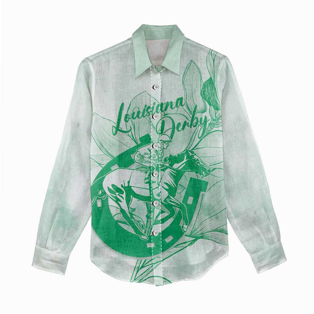 Personalized Louisiana Horse Racing Derby Women Casual Shirt Magnolia Blossom Horseshoe Pastel Green