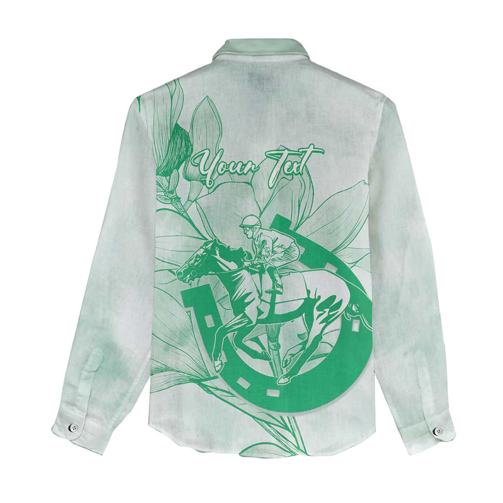 Personalized Louisiana Horse Racing Derby Women Casual Shirt Magnolia Blossom Horseshoe Pastel Green