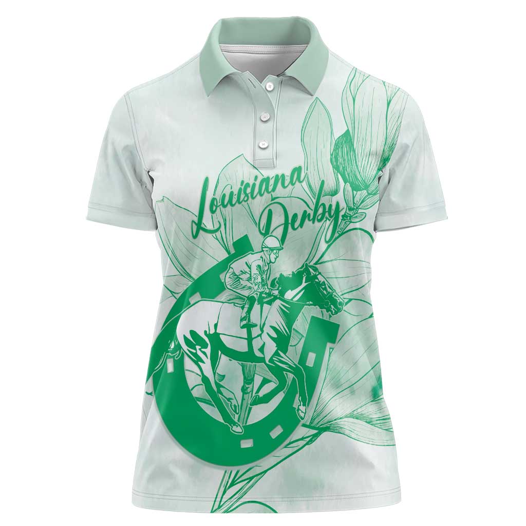 Personalized Louisiana Horse Racing Derby Women Polo Shirt Magnolia Blossom Horseshoe Pastel Green