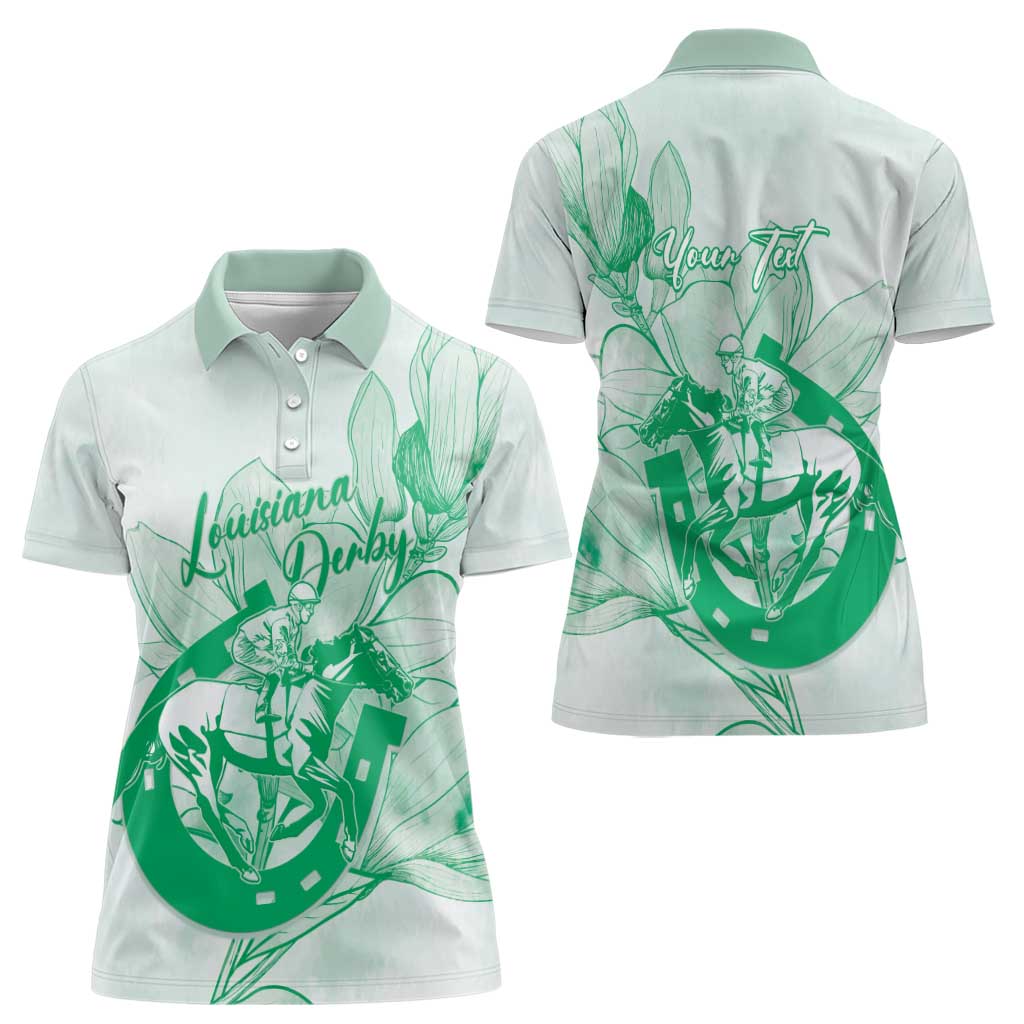Personalized Louisiana Horse Racing Derby Women Polo Shirt Magnolia Blossom Horseshoe Pastel Green