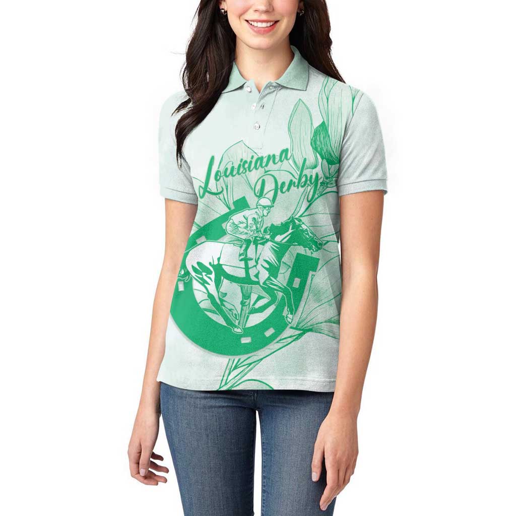 Personalized Louisiana Horse Racing Derby Women Polo Shirt Magnolia Blossom Horseshoe Pastel Green