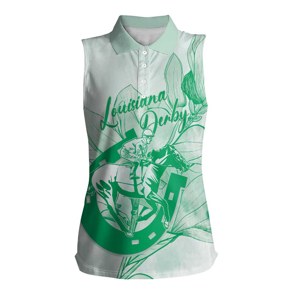 Personalized Louisiana Horse Racing Derby Women Sleeveless Polo Shirt Magnolia Blossom Horseshoe Pastel Green