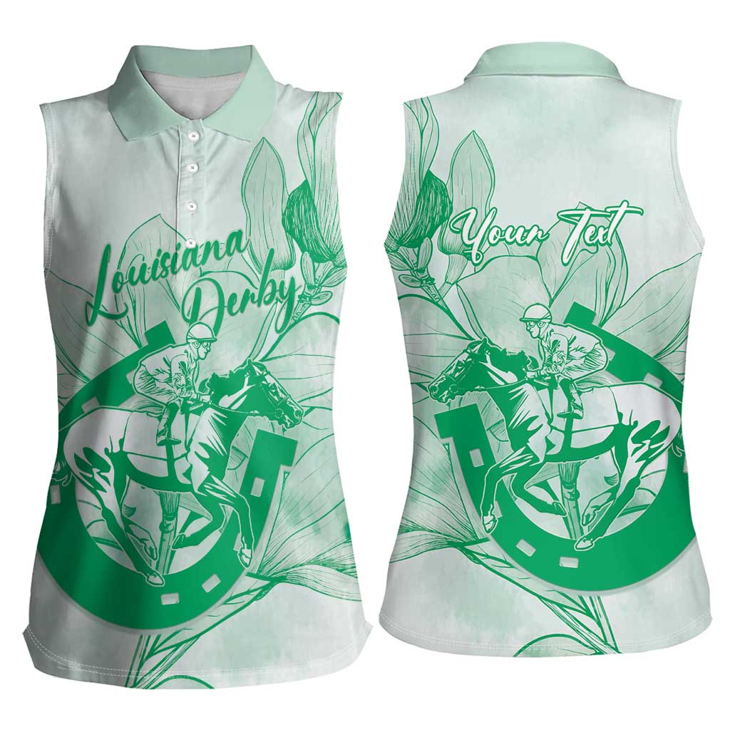 Personalized Louisiana Horse Racing Derby Women Sleeveless Polo Shirt Magnolia Blossom Horseshoe Pastel Green