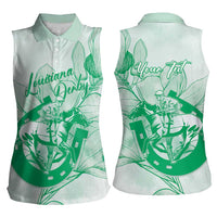 Personalized Louisiana Horse Racing Derby Women Sleeveless Polo Shirt Magnolia Blossom Horseshoe Pastel Green