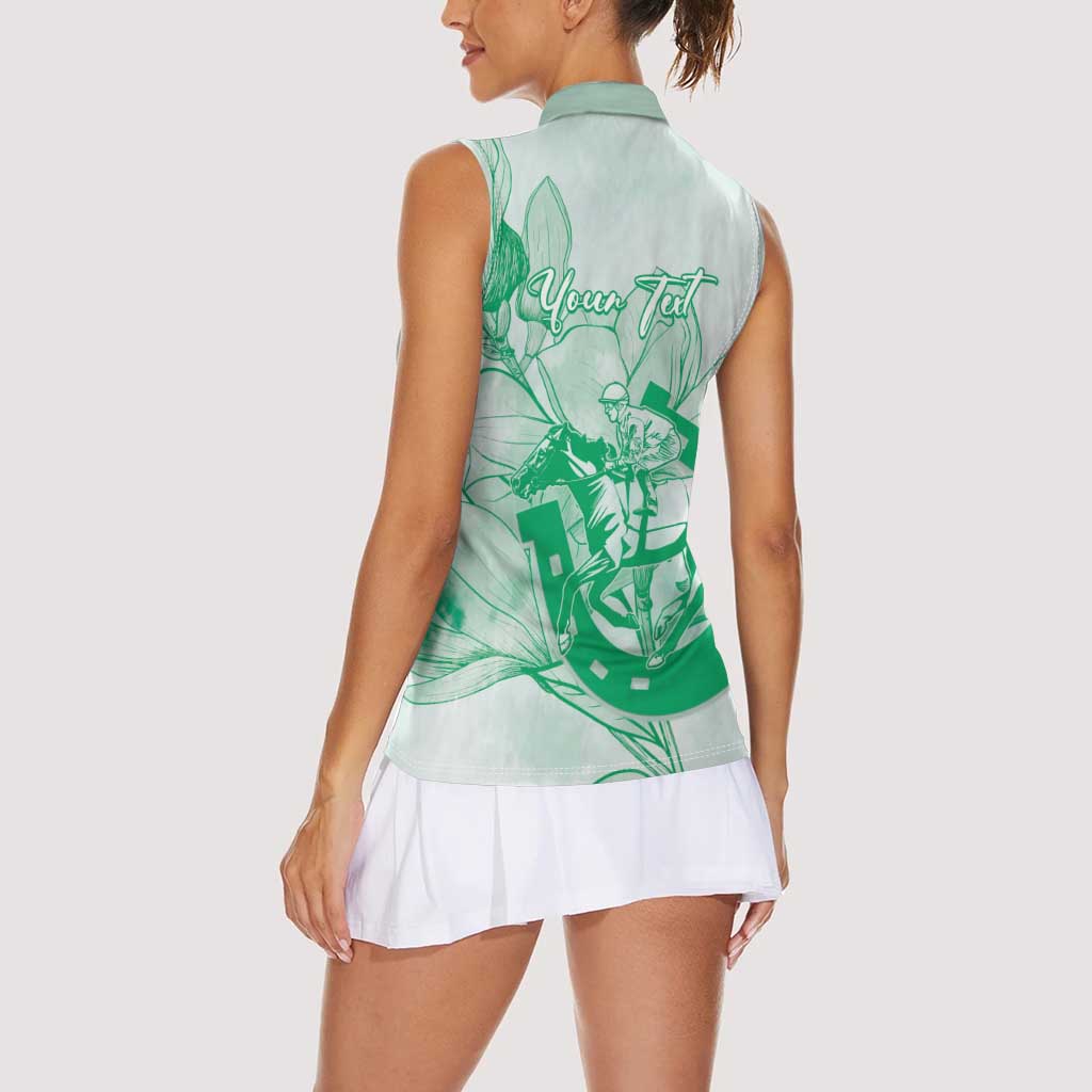 Personalized Louisiana Horse Racing Derby Women Sleeveless Polo Shirt Magnolia Blossom Horseshoe Pastel Green