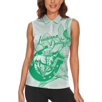 Personalized Louisiana Horse Racing Derby Women Sleeveless Polo Shirt Magnolia Blossom Horseshoe Pastel Green