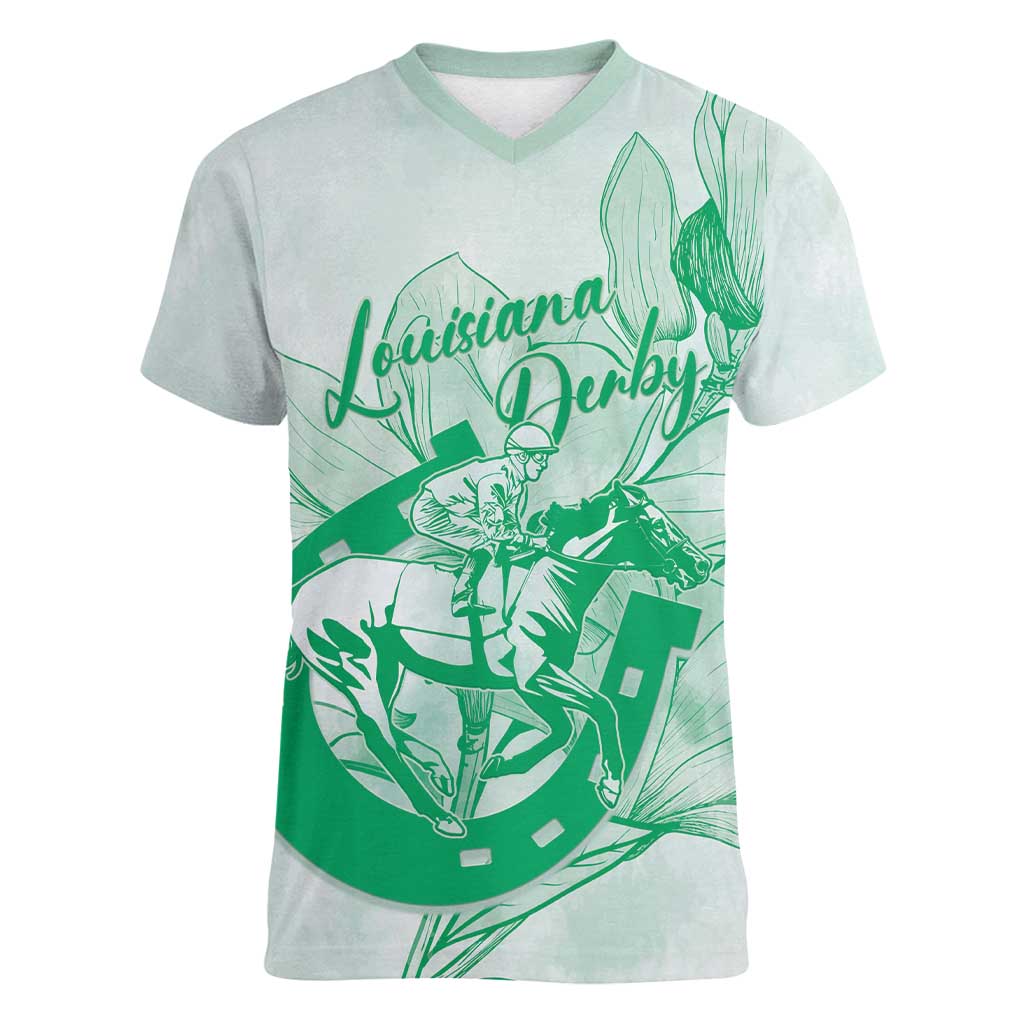 Personalized Louisiana Horse Racing Derby Women V-Neck T-Shirt Magnolia Blossom Horseshoe Pastel Green