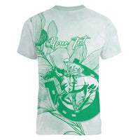 Personalized Louisiana Horse Racing Derby Women V-Neck T-Shirt Magnolia Blossom Horseshoe Pastel Green