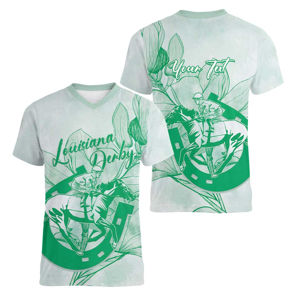 Personalized Louisiana Horse Racing Derby Women V-Neck T-Shirt Magnolia Blossom Horseshoe Pastel Green