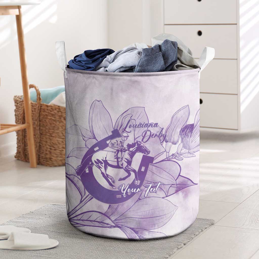 Personalized Louisiana Horse Racing Derby Laundry Basket Magnolia Blossom Horseshoe Pastel Purple