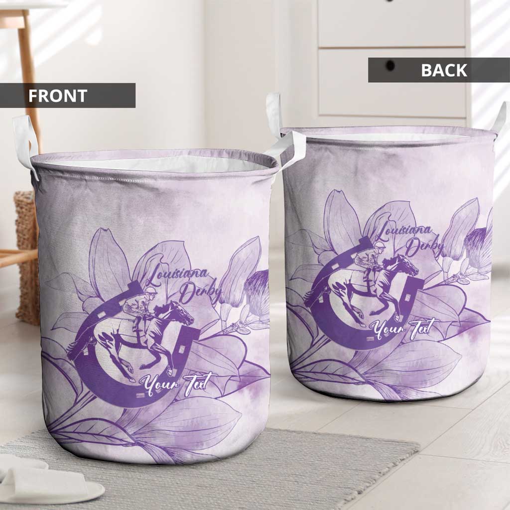 Personalized Louisiana Horse Racing Derby Laundry Basket Magnolia Blossom Horseshoe Pastel Purple