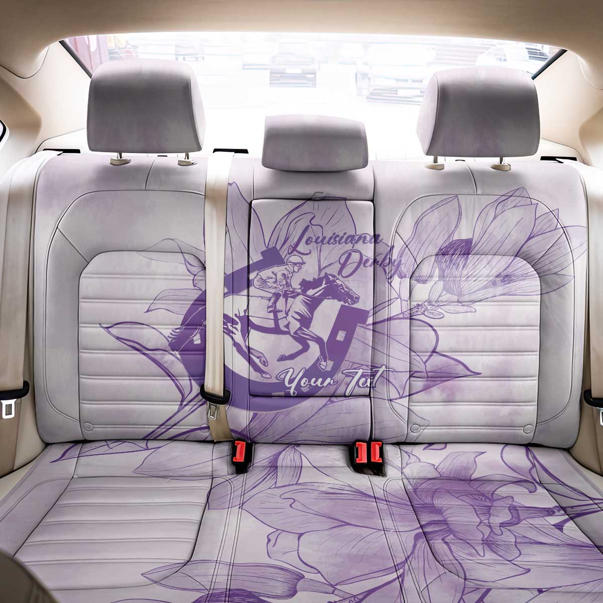 Personalized Louisiana Horse Racing Derby Back Car Seat Cover Magnolia Blossom Horseshoe Pastel Purple