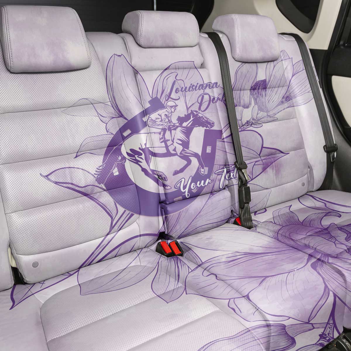 Personalized Louisiana Horse Racing Derby Back Car Seat Cover Magnolia Blossom Horseshoe Pastel Purple
