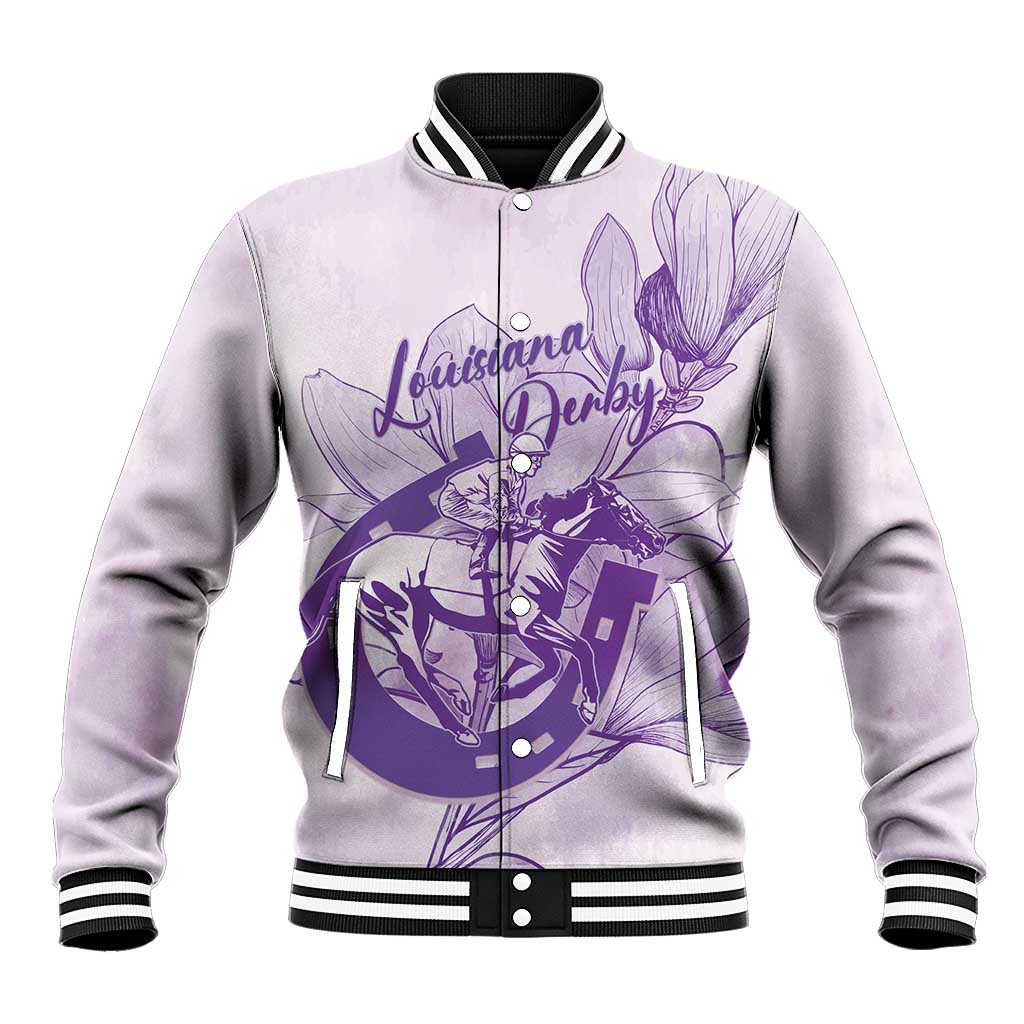 Personalized Louisiana Horse Racing Derby Baseball Jacket Magnolia Blossom Horseshoe Pastel Purple