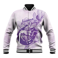 Personalized Louisiana Horse Racing Derby Baseball Jacket Magnolia Blossom Horseshoe Pastel Purple