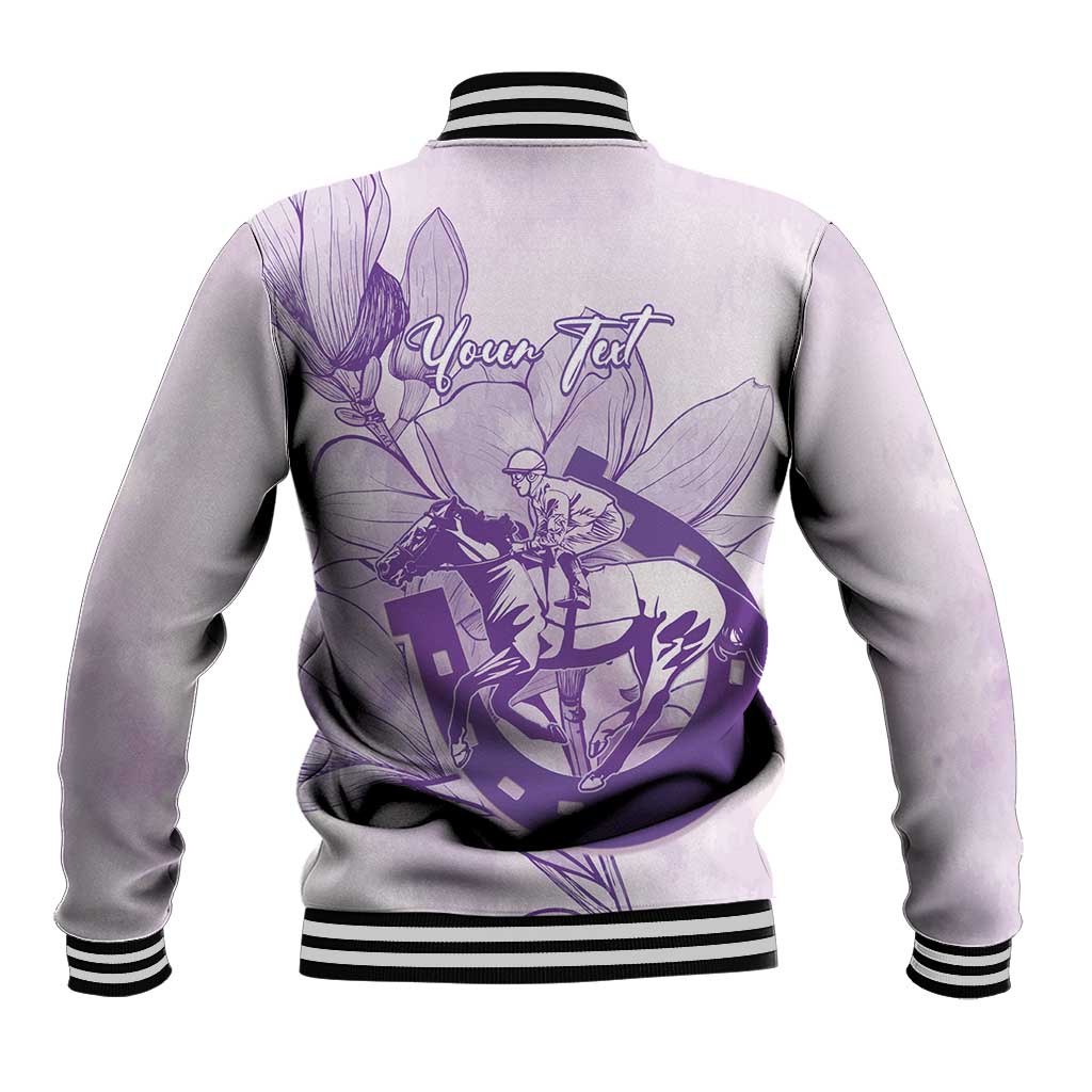 Personalized Louisiana Horse Racing Derby Baseball Jacket Magnolia Blossom Horseshoe Pastel Purple