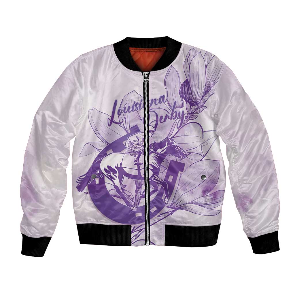 Personalized Louisiana Horse Racing Derby Bomber Jacket Magnolia Blossom Horseshoe Pastel Purple