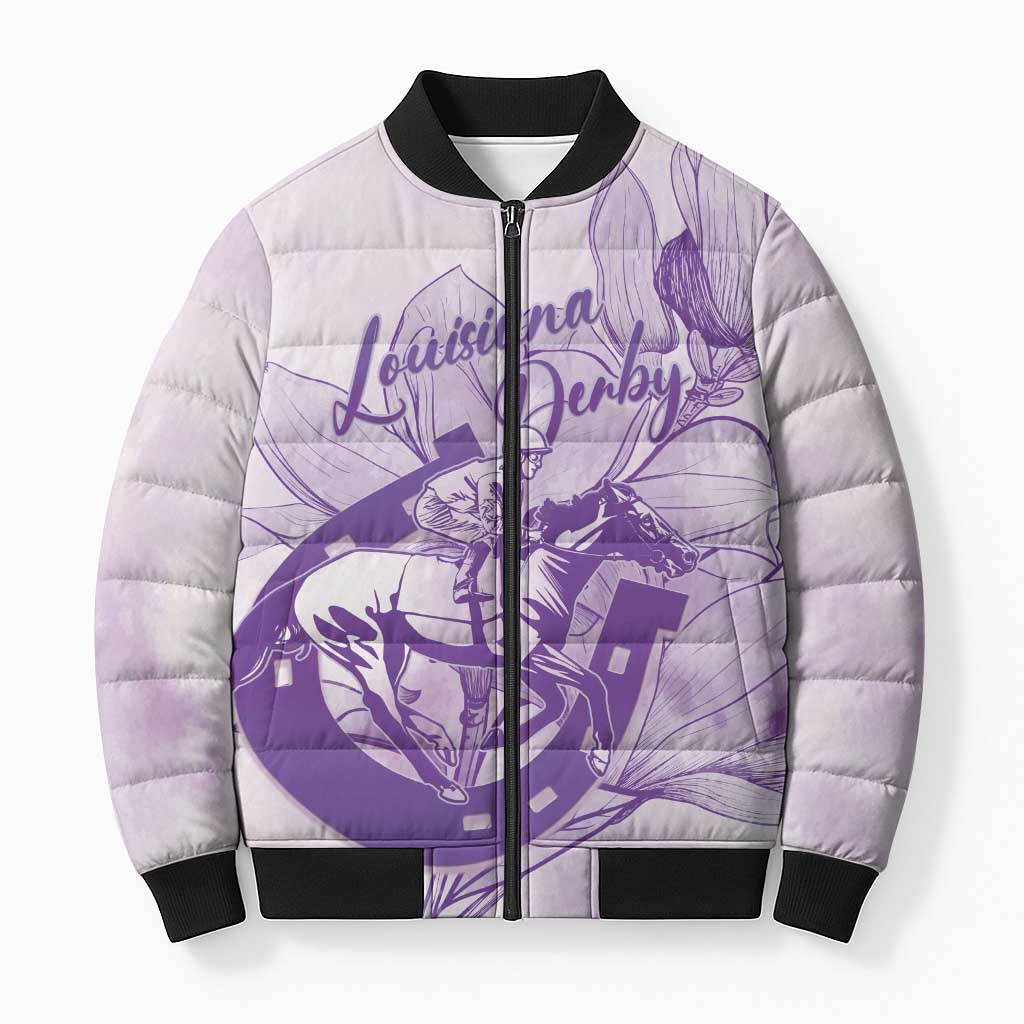 Personalized Louisiana Horse Racing Derby Bomber Puffer Jacket Magnolia Blossom Horseshoe Pastel Purple