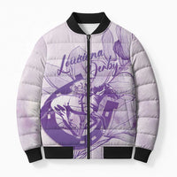 Personalized Louisiana Horse Racing Derby Bomber Puffer Jacket Magnolia Blossom Horseshoe Pastel Purple
