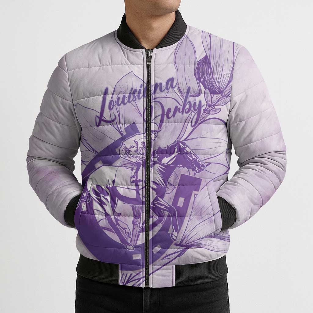 Personalized Louisiana Horse Racing Derby Bomber Puffer Jacket Magnolia Blossom Horseshoe Pastel Purple