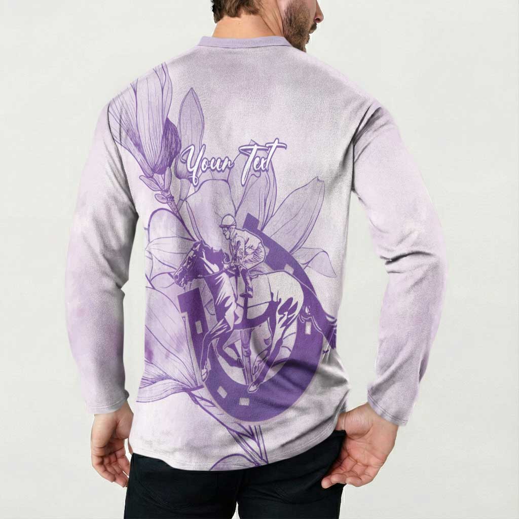 Personalized Louisiana Horse Racing Derby Button Sweatshirt Magnolia Blossom Horseshoe Pastel Purple