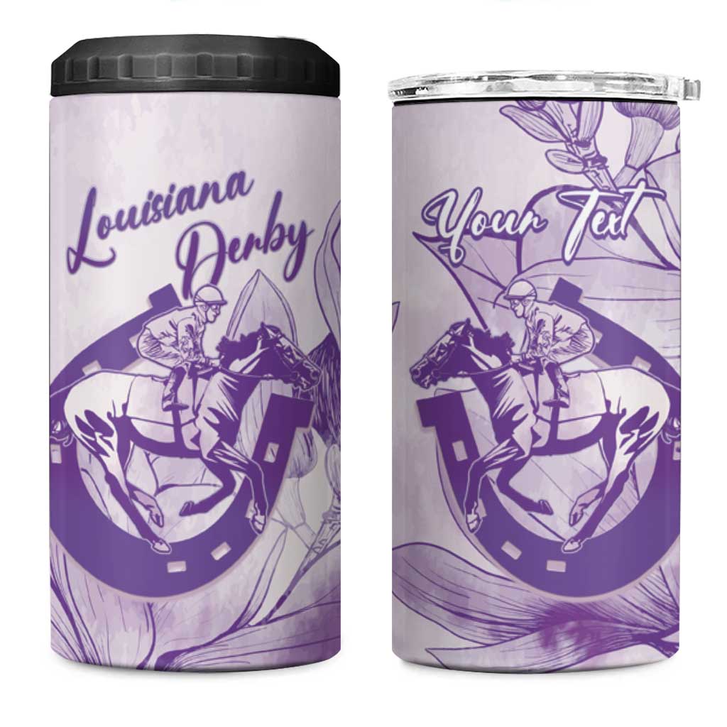 Personalized Louisiana Horse Racing Derby 4 in 1 Can Cooler Tumbler Magnolia Blossom Horseshoe Pastel Purple