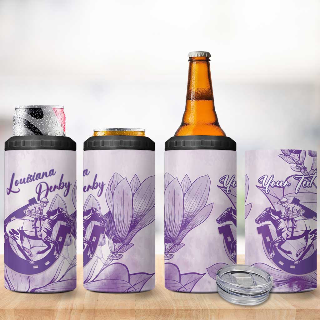 Personalized Louisiana Horse Racing Derby 4 in 1 Can Cooler Tumbler Magnolia Blossom Horseshoe Pastel Purple