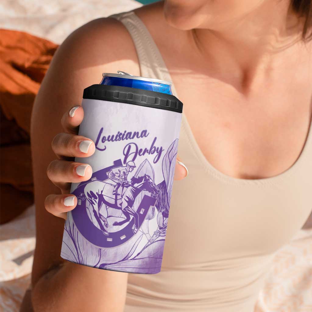 Personalized Louisiana Horse Racing Derby 4 in 1 Can Cooler Tumbler Magnolia Blossom Horseshoe Pastel Purple