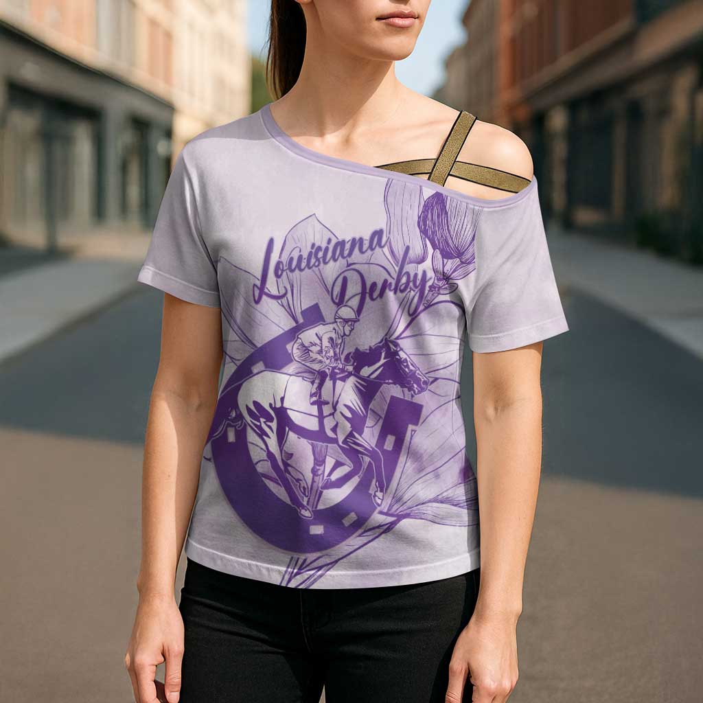 Personalized Louisiana Horse Racing Derby Cross Shoulder Shirt Magnolia Blossom Horseshoe Pastel Purple