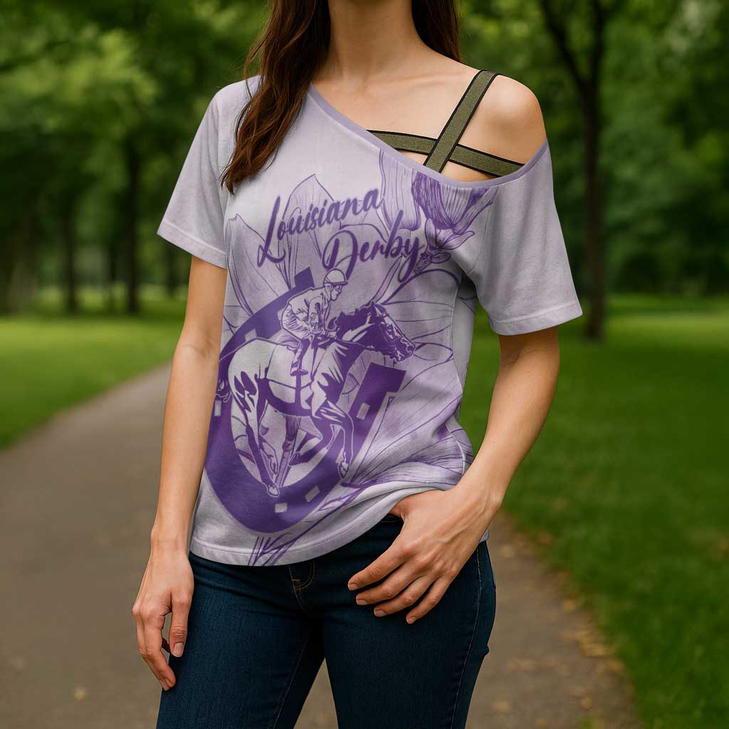 Personalized Louisiana Horse Racing Derby Cross Shoulder Shirt Magnolia Blossom Horseshoe Pastel Purple
